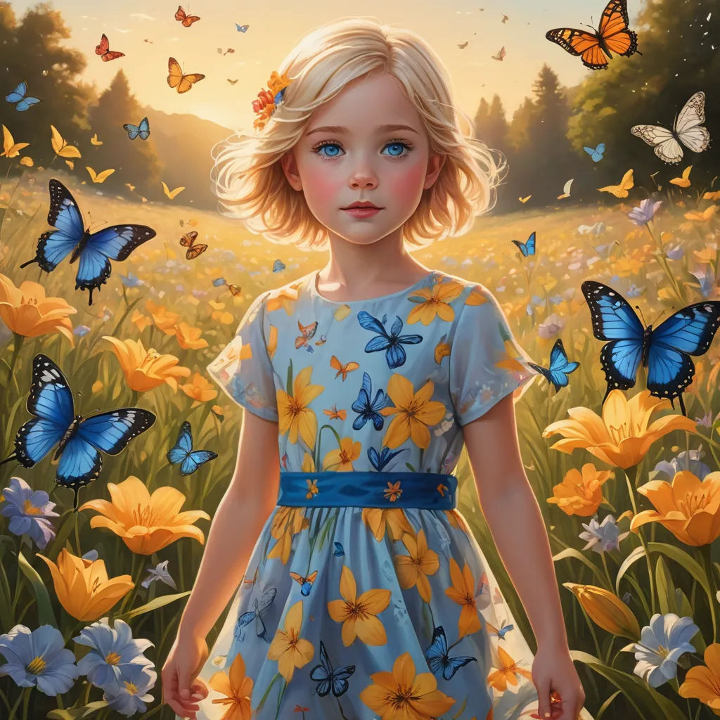 a painting of a little girl in a field of flowers with butterflies flying around her and a blue dress, fantasy art, a detailed painting, Aaron Jasinski, highly detailed digital painting