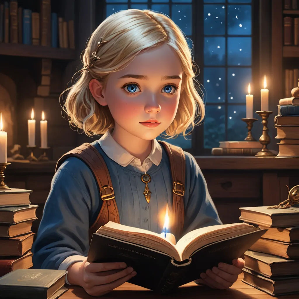 a girl reading a book with a lit candle in her hand and a window in the background with stars, fantasy art, a storybook illustration, Charlie Bowater, rossdraws global illumination