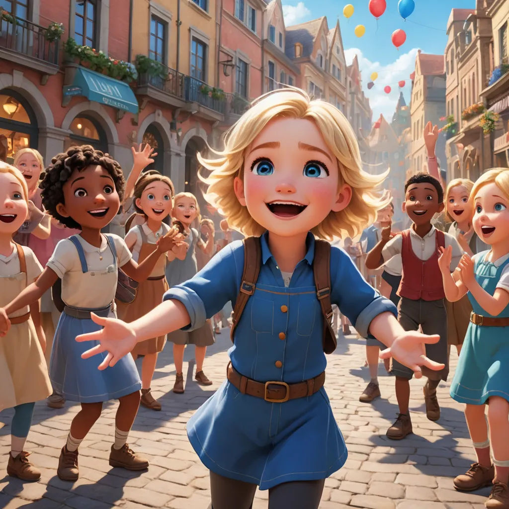 a cartoon character is surrounded by children in a street with balloons in the air and buildings in the background, paris school, concept art, disney, official art