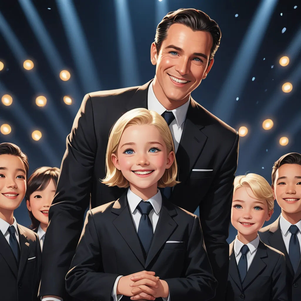 a man in a suit and tie with a group of children in front of him and a stage with lights, american realism, a storybook illustration, F Scott Hess, official art