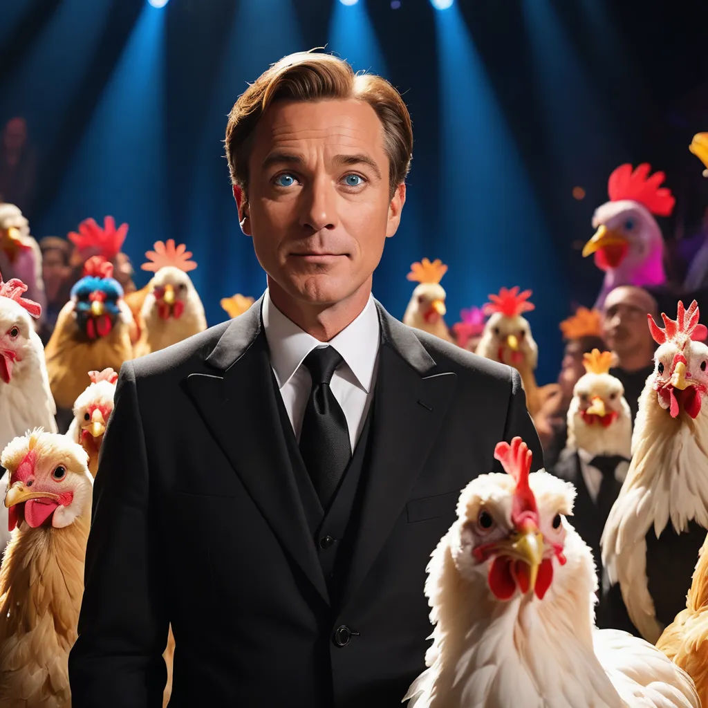 a man in a suit surrounded by chickens on stage with a microphone in his hand and a crowd of chickens behind him, symbolism, a character portrait, David Annand, promotional image