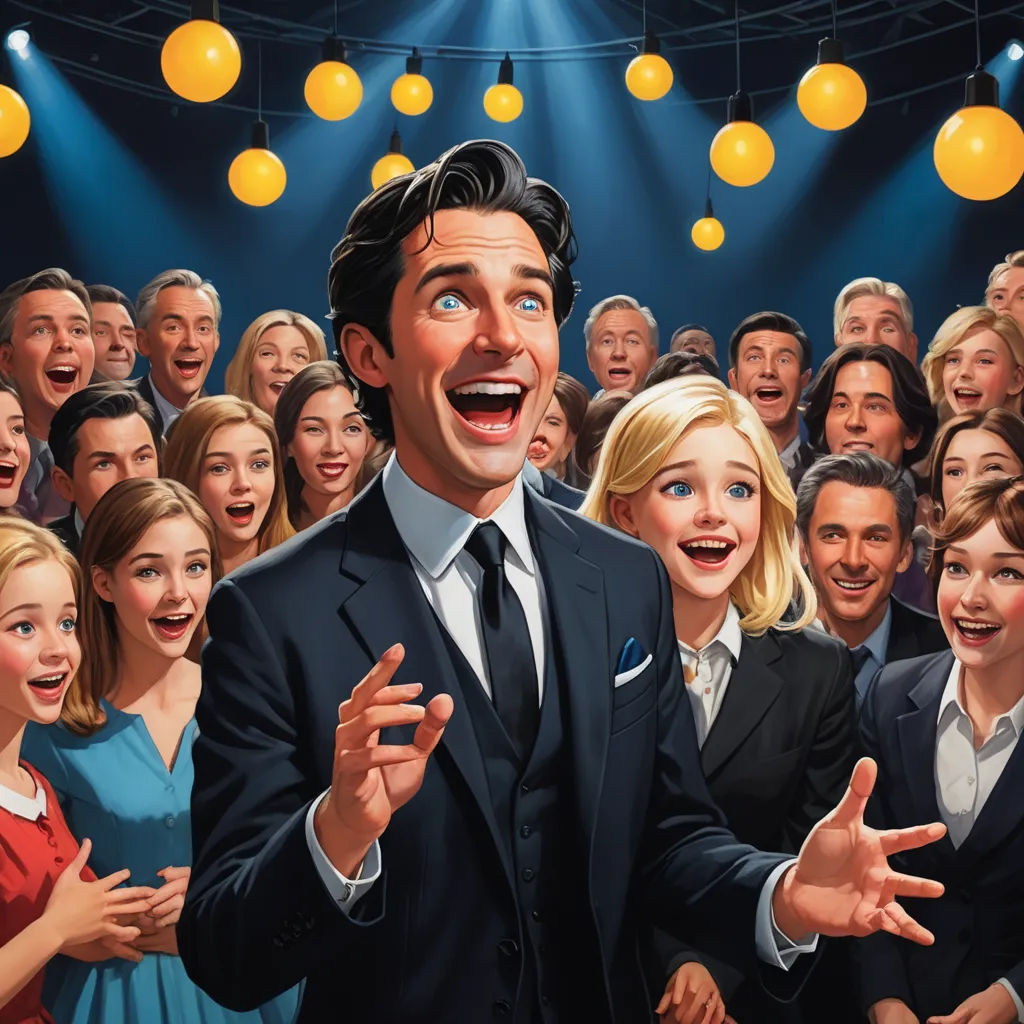a man in a suit surrounded by a crowd of people with his hands out and his mouth open and his eyes open, kitsch movement, a storybook illustration, F. Scott Hess, loftis