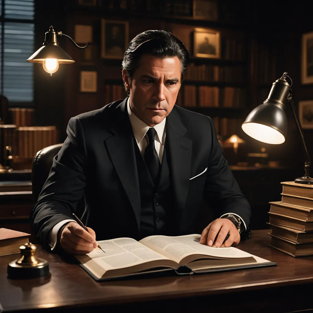 a man in a suit sitting at a desk with a book and a lamp on it, reading a book, private press, a character portrait, Dan Scott, promotional image