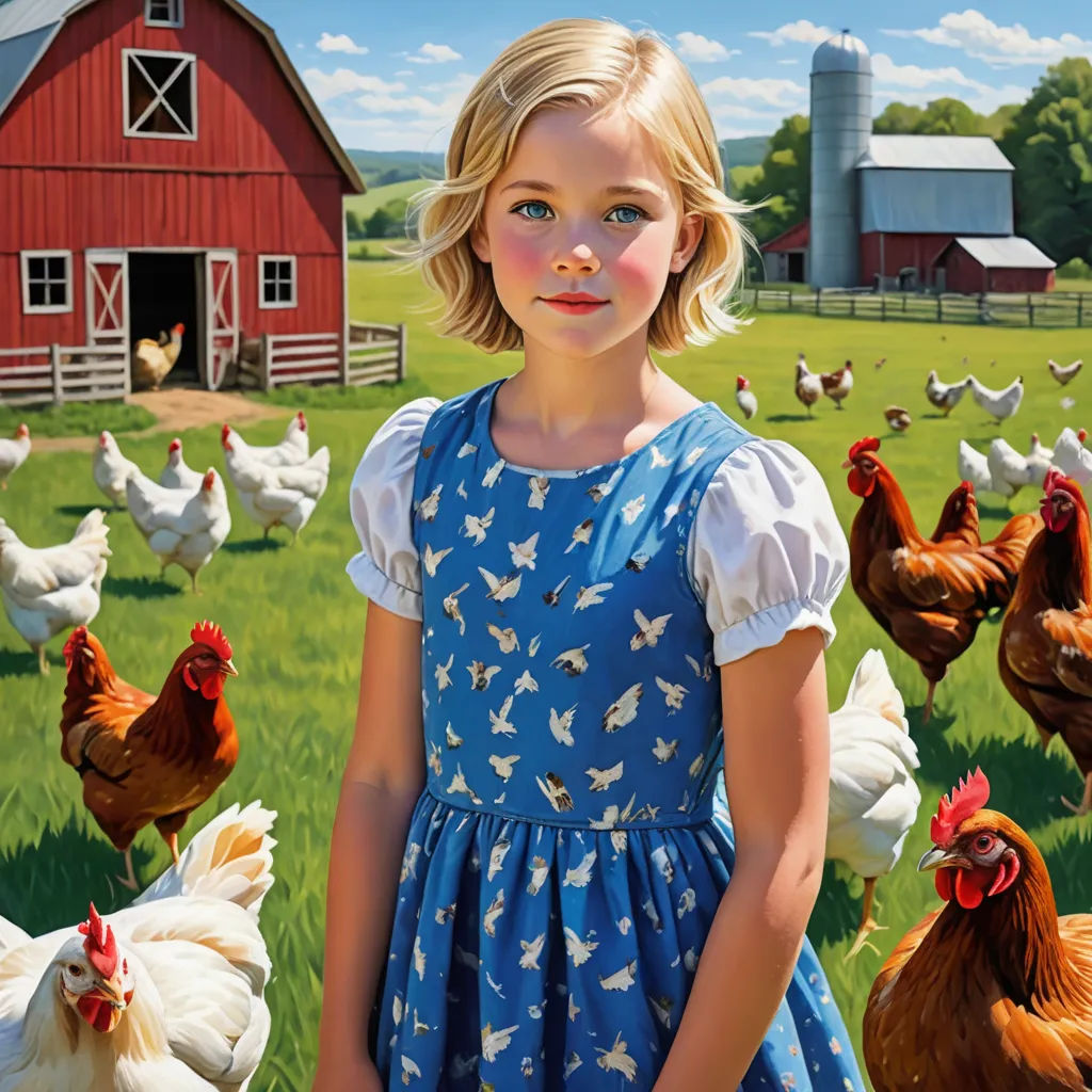 a painting of a girl standing in a field with chickens and a barn in the background with a red barn, precisionism, a photorealistic painting, Bob Byerley, highly detailed oil painting