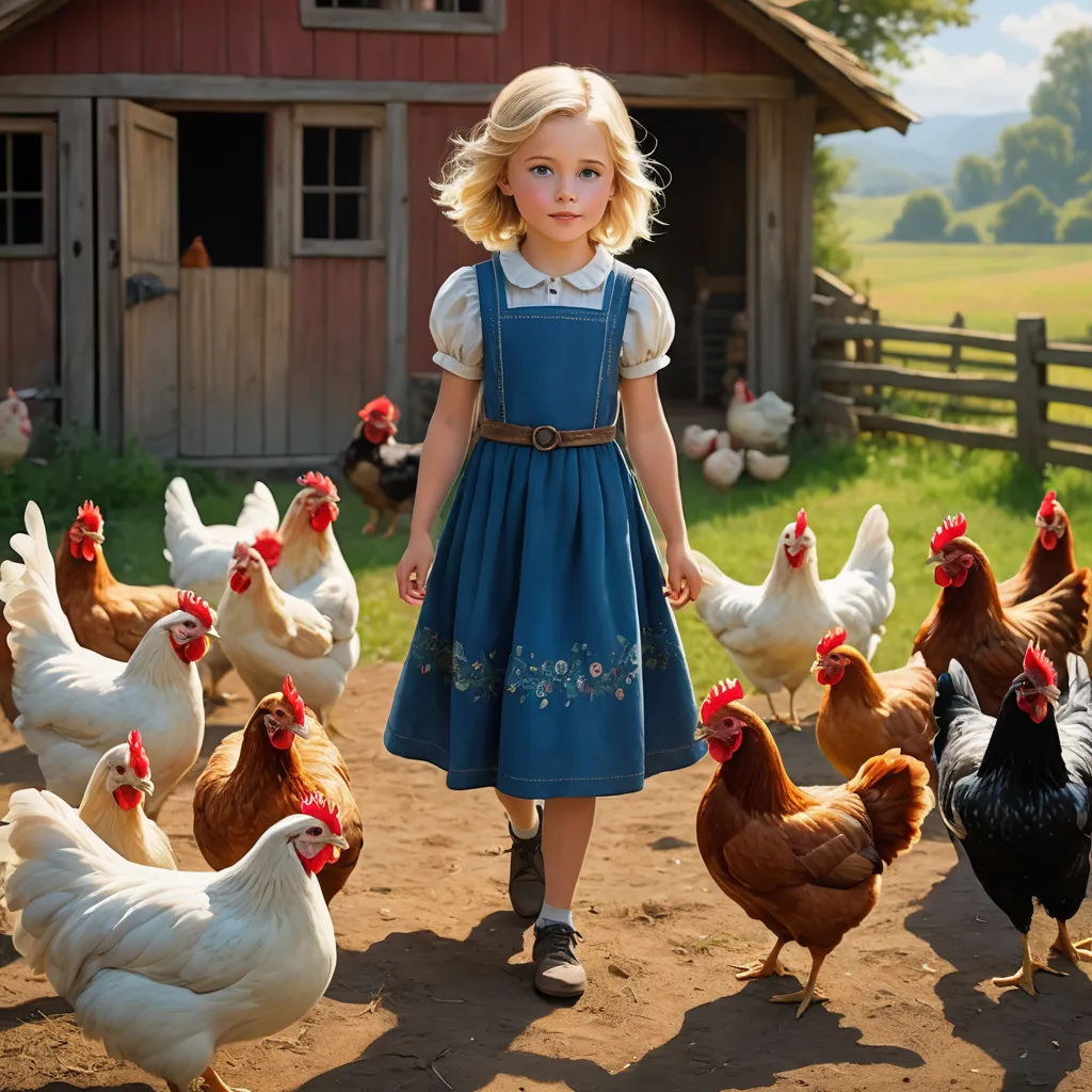 a little girl standing in front of a bunch of chickens in a yard with a barn in the background, kitsch movement, a storybook illustration, Anne Said, promotional image