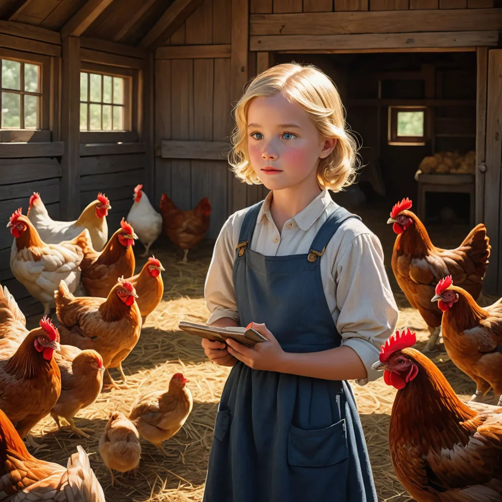 a little girl standing in a chicken coop with chickens around her and a book in her hands, with a book in her hands, magical realism, a poster, Anne Said, promotional image