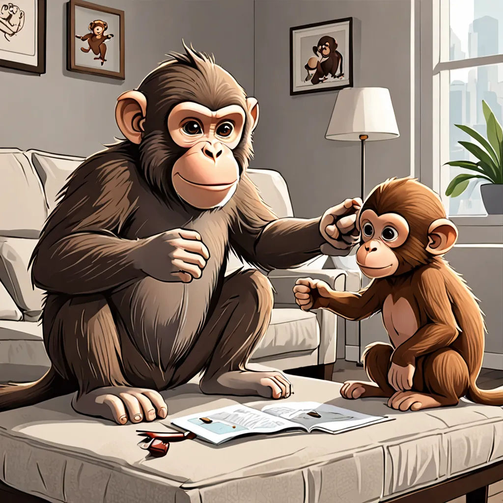 a monkey and a monkey sitting on a couch together, one of them is touching the other's hand, figurativism, a storybook illustration, Alex Petruk APe, behance hd