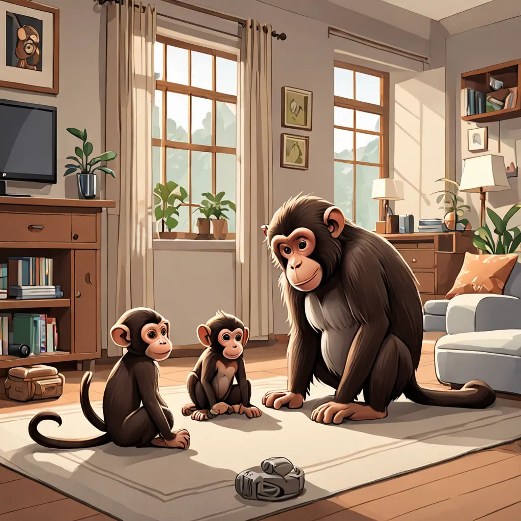 a family of monkeys sitting on a rug in a living room with a television and a couch in the background, photorealism, a storybook illustration, Chris LaBrooy, cgstudio