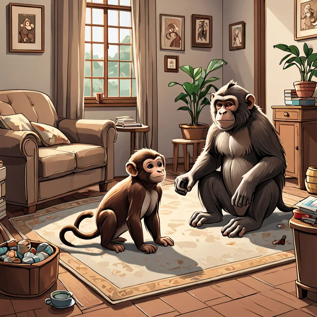 a monkey and a monkey sitting on a rug in a living room with a couch and a chair in the background, furry art, a storybook illustration, Diego Gisbert Llorens, storybook illustration