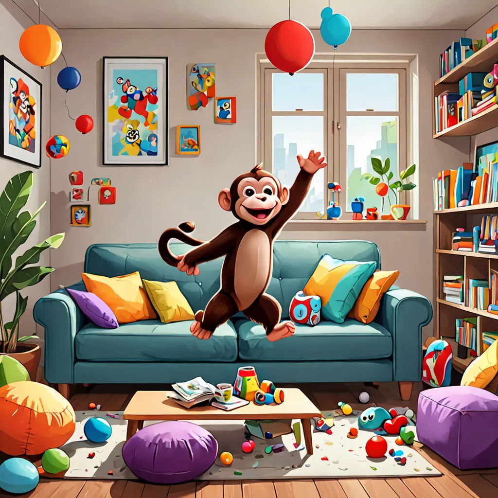 a monkey is jumping in the air above a couch in a living room with balloons and toys on the floor, sots art, an ultrafine detailed painting, Chris LaBrooy, 2 d game art