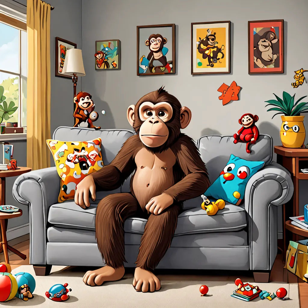 a monkey sitting on a couch in a living room with toys around him and a table with a lamp, sots art, a character portrait, Chris LaBrooy, behance hd