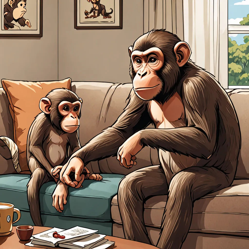 a monkey sitting on a couch next to a monkey sitting on a couch next to a cup of coffee, furry art, a comic book panel, Diego Gisbert Llorens, official art