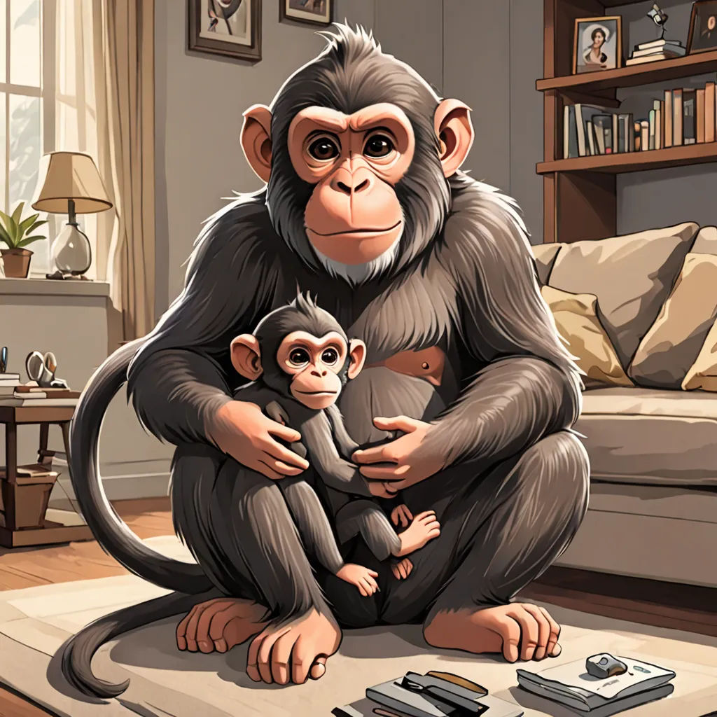 a monkey and a baby monkey sitting on a rug in a living room with a couch and a coffee table, furry art, a storybook illustration, Alex Petruk APe, cgstudio