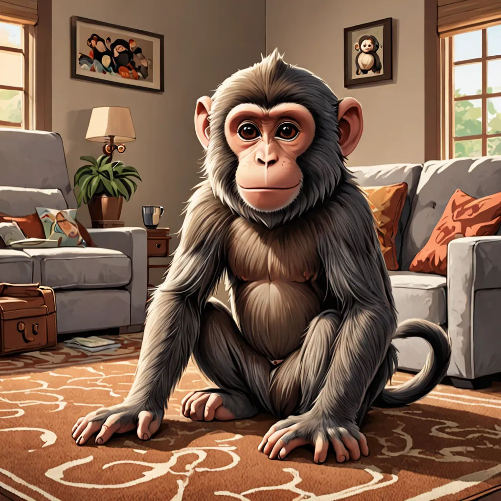 a monkey sitting on a rug in a living room with a couch and a table in the background and a couch in the foreground, furry art, a character portrait, Chris LaBrooy, cgstudio