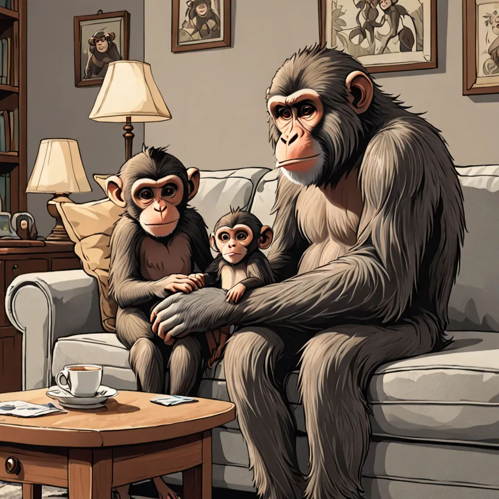 a family of monkeys sitting on a couch in a living room with a coffee table and a lamp on the side table, fantastic realism, a storybook illustration, F Scott Hess, furaffinity