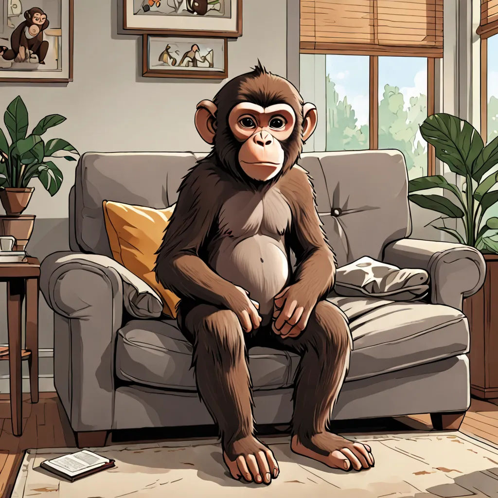 a cartoon of a monkey sitting on a couch in a living room with a plant in the corner of the room, furry art, a comic book panel, Diego Gisbert Llorens, official art