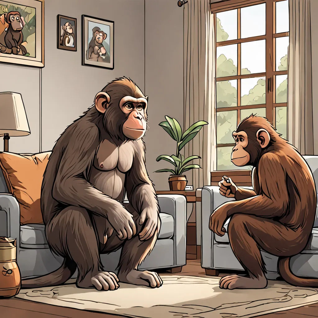 a cartoon of a chimpan and a monkey sitting on a couch talking to each other in a living room, figurativism, a comic book panel, Alex Petruk APe, official art