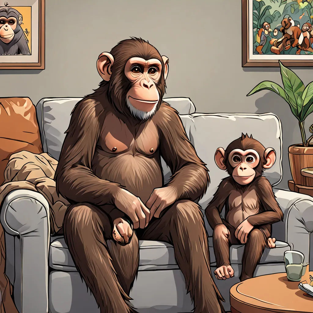 a monkey and a baby sitting on a couch in a living room with a painting of monkeys on the wall, furry art, a comic book panel, F. Scott Hess, furaffinity
