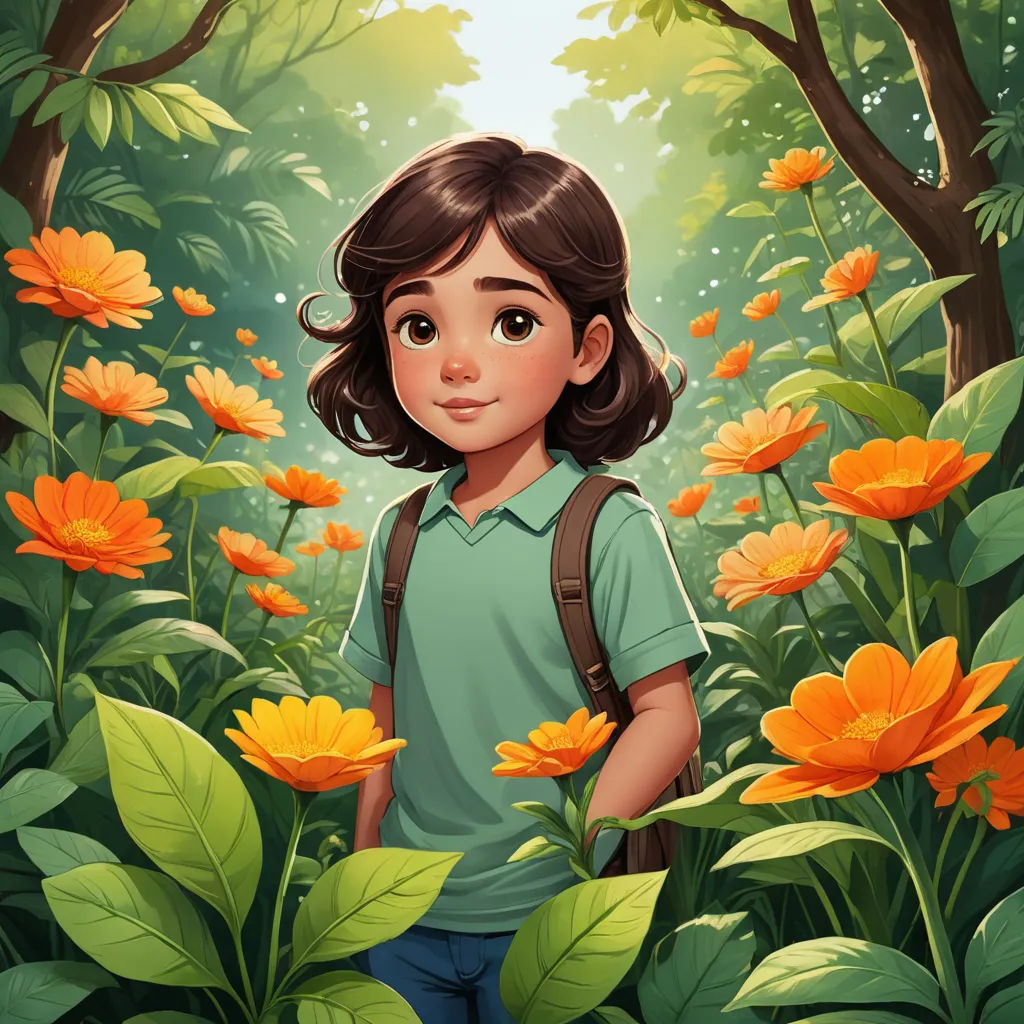a girl standing in a field of flowers with a backpack on her back and a forest in the background, paris school, a storybook illustration, Diego Gisbert Llorens, rossdraws global illumination