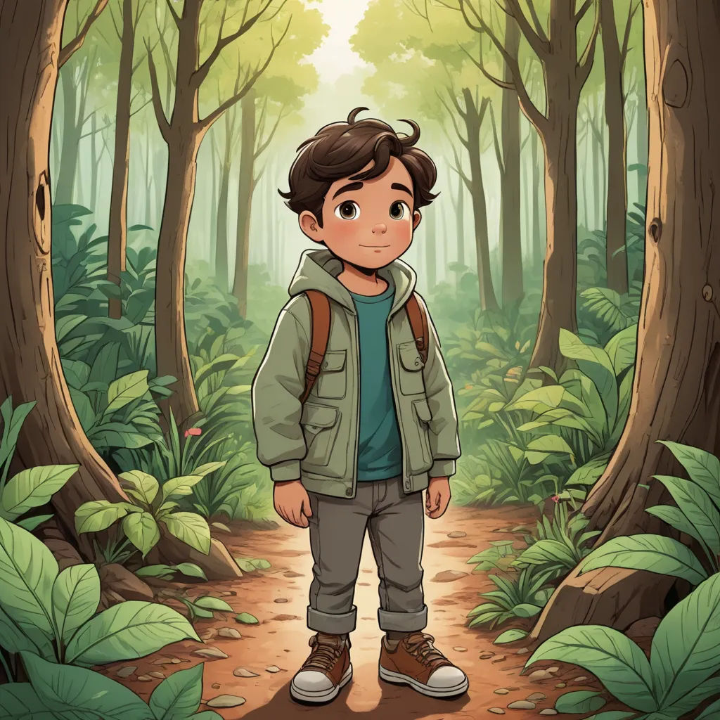 a boy standing in the middle of a forest with a backpack on his back and a backpack on his shoulder, process art, a character portrait, Diego Gisbert Llorens, comic cover art