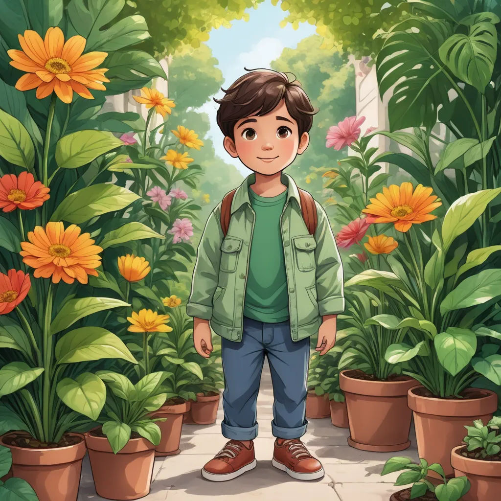 a boy standing in a garden with lots of flowers and plants around him and a backpack on his back, sots art, a storybook illustration, Cliff Childs, key art