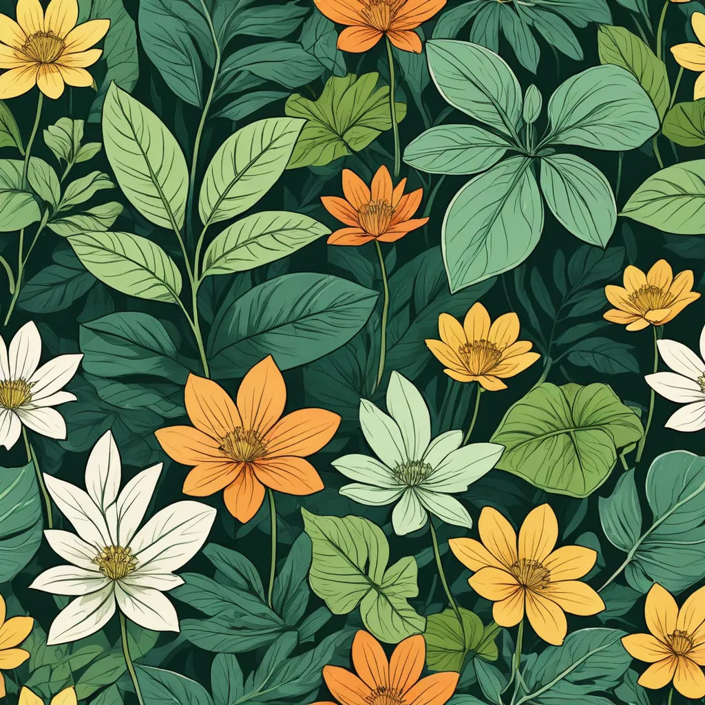 a bunch of flowers that are on a green background with leaves and flowers in the background, all in a single row, naturalism, a storybook illustration, Claire Hummel, flowers