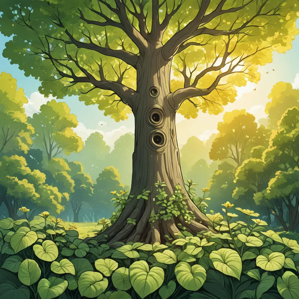a tree with a hole in the middle of it surrounded by leaves and plants in a forest with a sun shining through the trees, environmental art, a storybook illustration, Chris LaBrooy, rossdraws global illumination