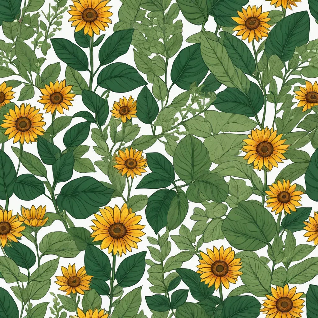 a bunch of sunflowers with green leaves on a white background seamless pattern with flowers and leaves, generative art, a screenprint, Annabel Kidston, plants