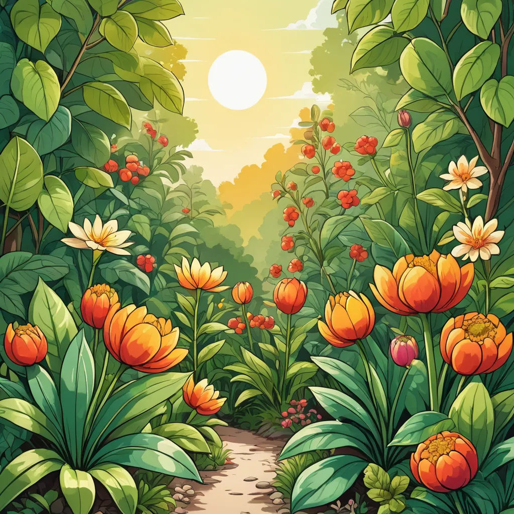 a painting of a garden with flowers and trees in the background with a sun setting in the sky above, fantasy art, a storybook illustration, Dan Mumford, storybook illustration
