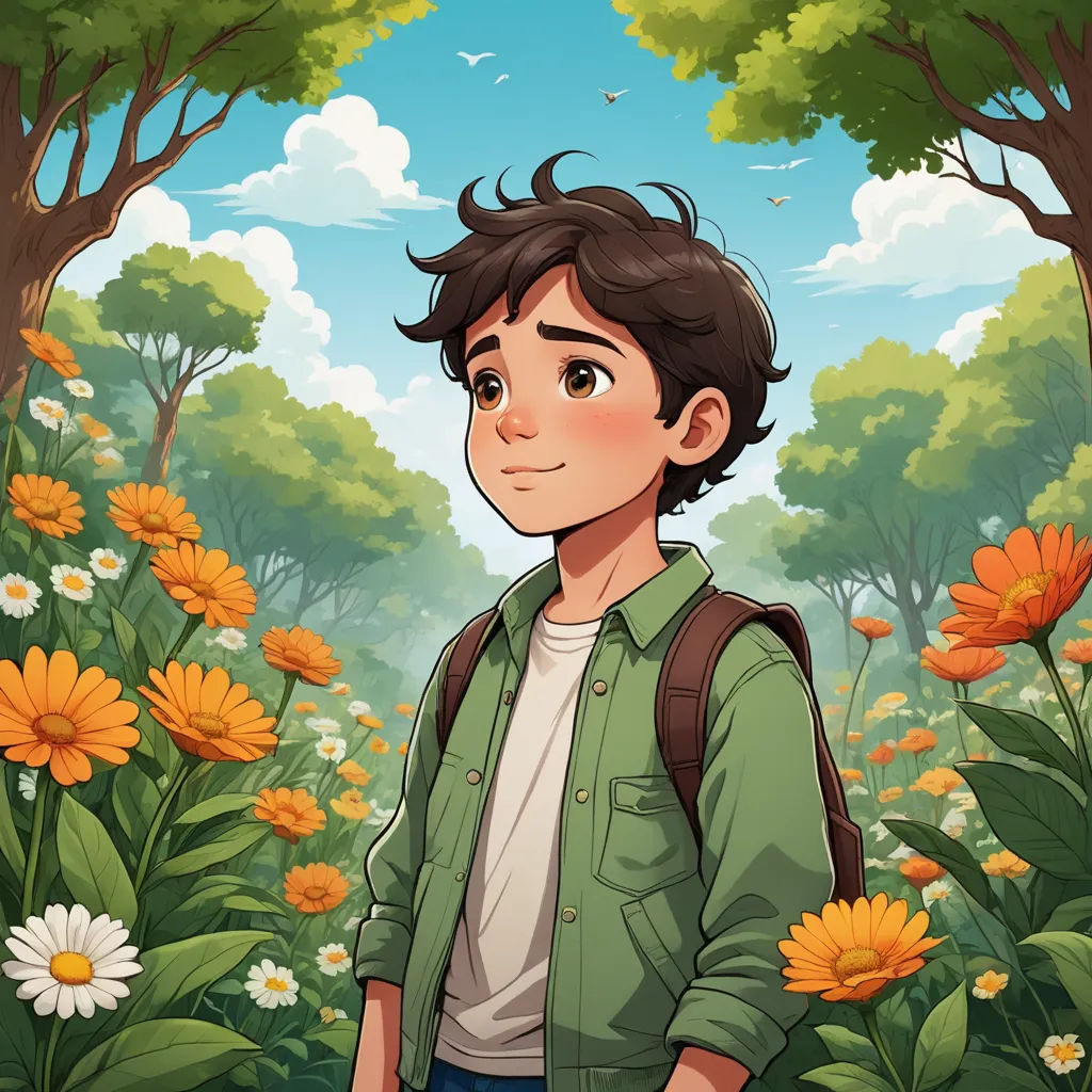 a boy standing in a field of flowers with a backpack on his back and a sky background with clouds, environmental art, a character portrait, Cliff Childs, official art