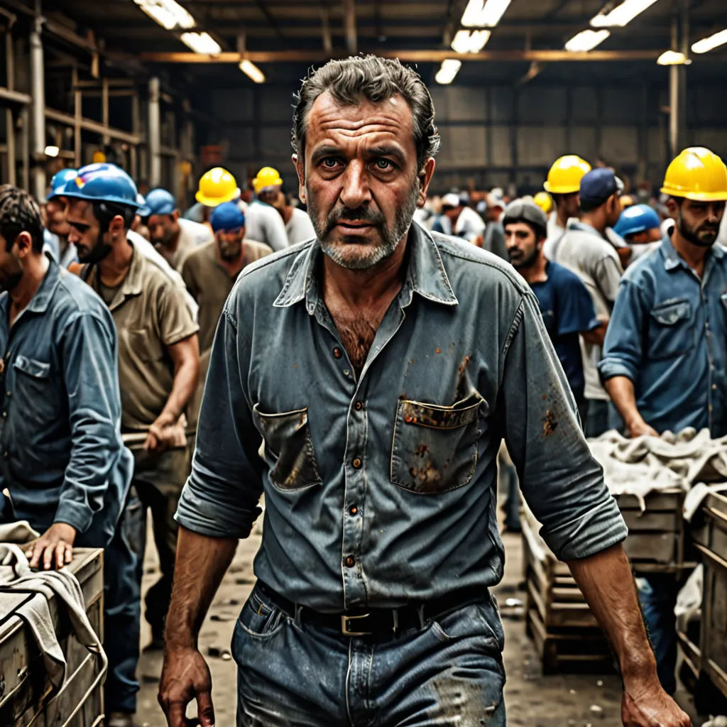 a man in a factory with lots of workers around him and a lot of boxes on the floor behind him, les automatistes, a character portrait, Fikret Muallâ Saygı, promotional image