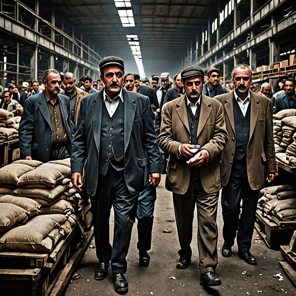 a group of men walking through a warehouse filled with bags of sand bags and bags of sand bags on the floor, les automatistes, a microscopic photo, Altoon Sultan, cinematic photography