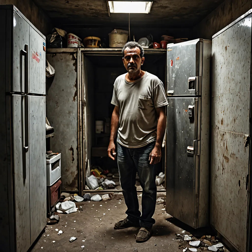 a man standing in a room with a bunch of junk on the floor and a bunch of cabinets in the background, neoplasticism, a character portrait, Amir Zand, cinematic photography