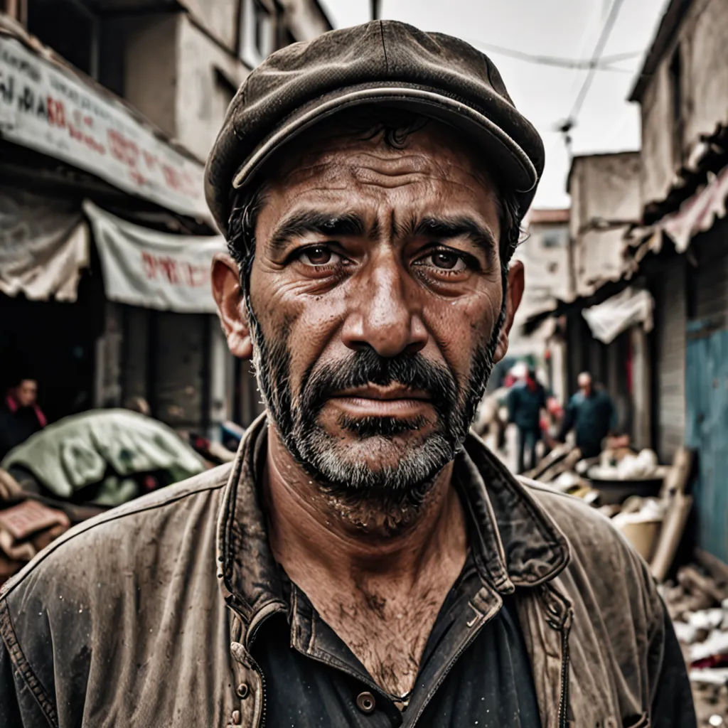 a man with a hat on standing in a street with a lot of debris on the ground and people in the background, neoism, a character portrait, Amir Zand, portrait photography