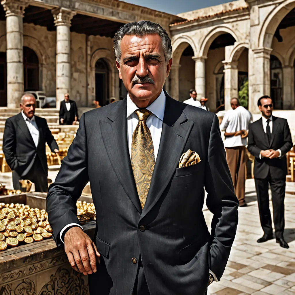 a man in a suit standing in front of a building with gold coins on it and other men in suits, precisionism, a character portrait, Arthur Sarkissian, david lazar