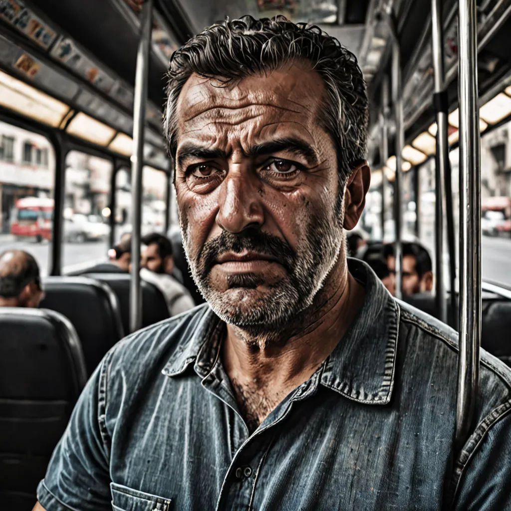 a man with a beard and a blue shirt on a bus with other people in the background and a bus with a few cars, art photography, a character portrait, Fikret Muallâ Saygı, photorealistic portrait