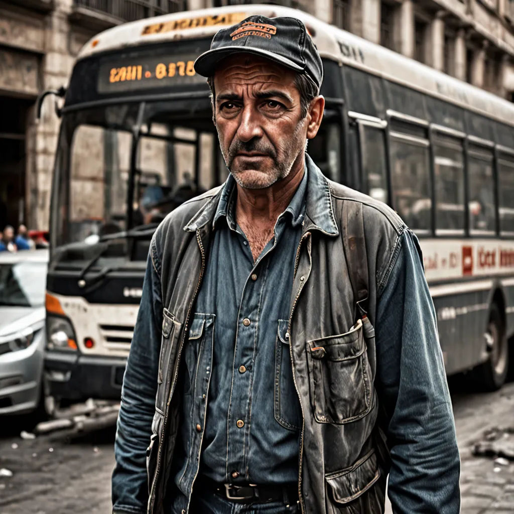 a man standing in front of a bus on a street with a hat on his head and a backpack on his shoulder, neoplasticism, a character portrait, Andor Basch, portrait photography
