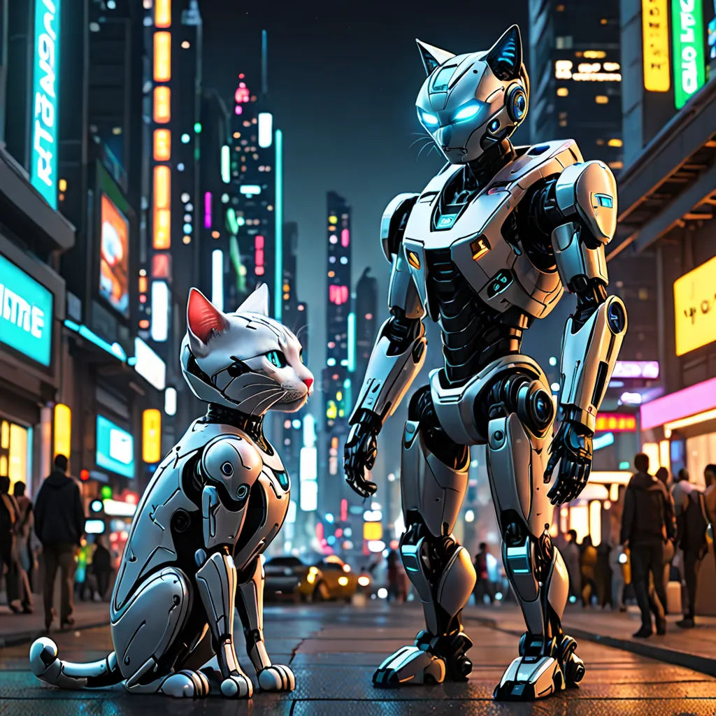 a cat and a robot standing on a city street at night with neon lights in the background and people walking around, retrofuturism, a computer rendering, Ai-Mitsu, promotional image