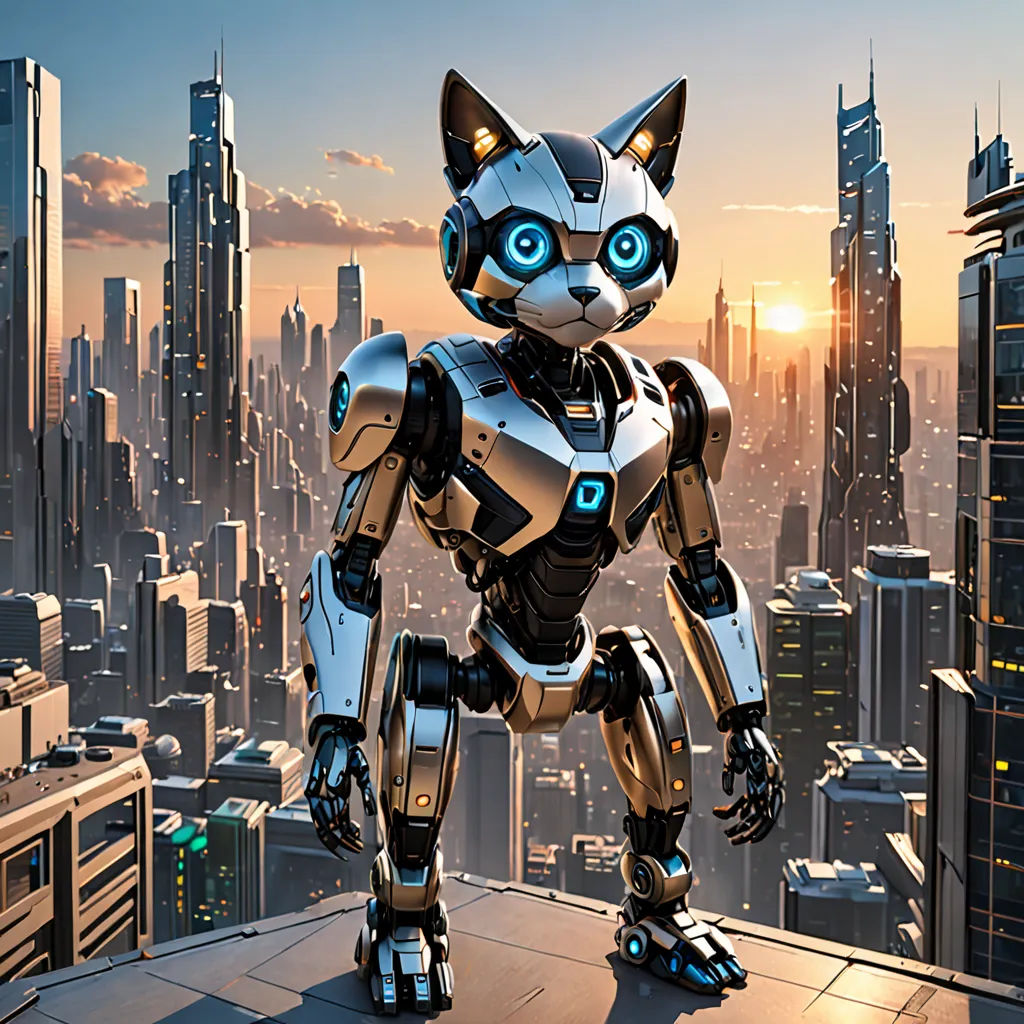 a robot cat standing on top of a building in a city at sunset or dawn with a cityscape in the background, cubo-futurism, a computer rendering, Beeple, unreal engine 5 quality render