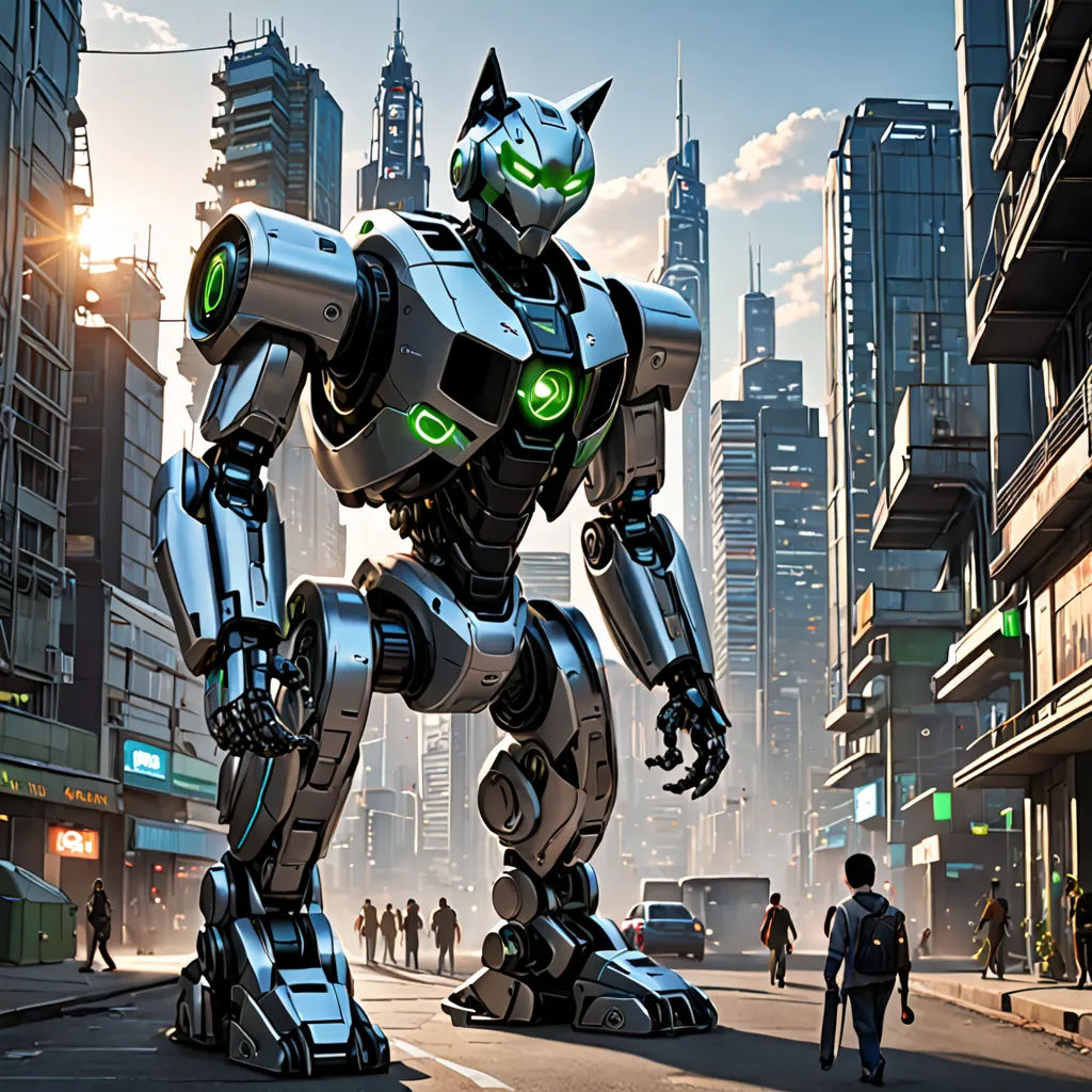 a robot walking down a street next to tall buildings in a city with skyscrapers in the background and a man walking by, afrofuturism, concept art, Altichiero, mecha