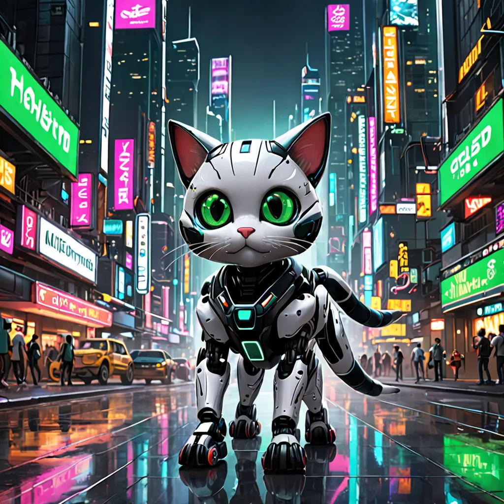 a cat with green eyes standing in the middle of a city street at night with neon signs and neon lights, cubo-futurism, a computer rendering, Beeple, promotional image