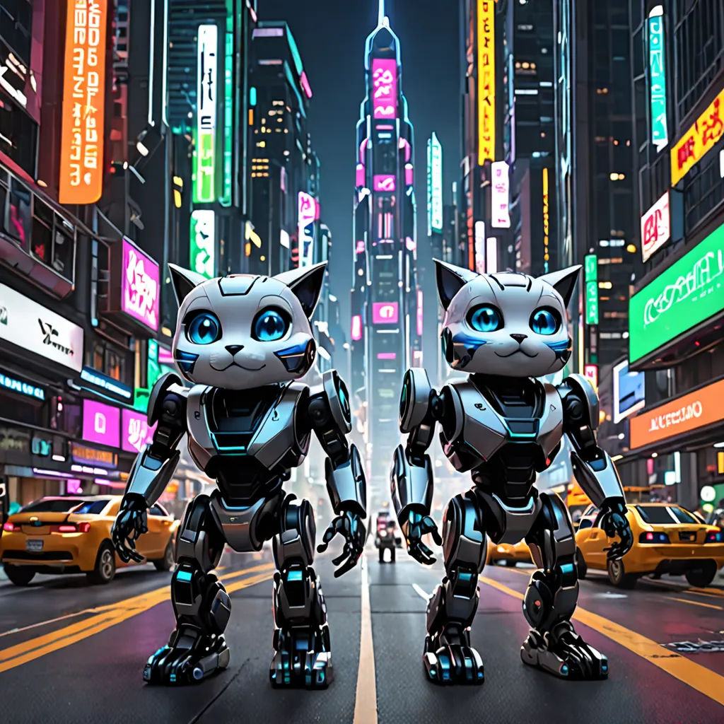 a couple of cats standing on top of a street next to each other in front of a city at night, panfuturism, a computer rendering, Felix-Kelly, promotional image