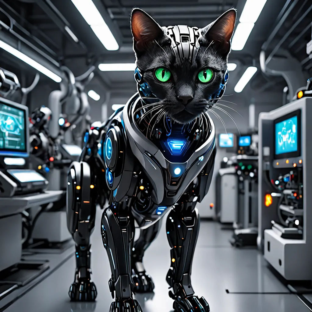 a cat that is standing in a room with many monitors and monitors on the wall and a cat with green eyes, computer art, computer graphics, Ai-Mitsu, cybernetic