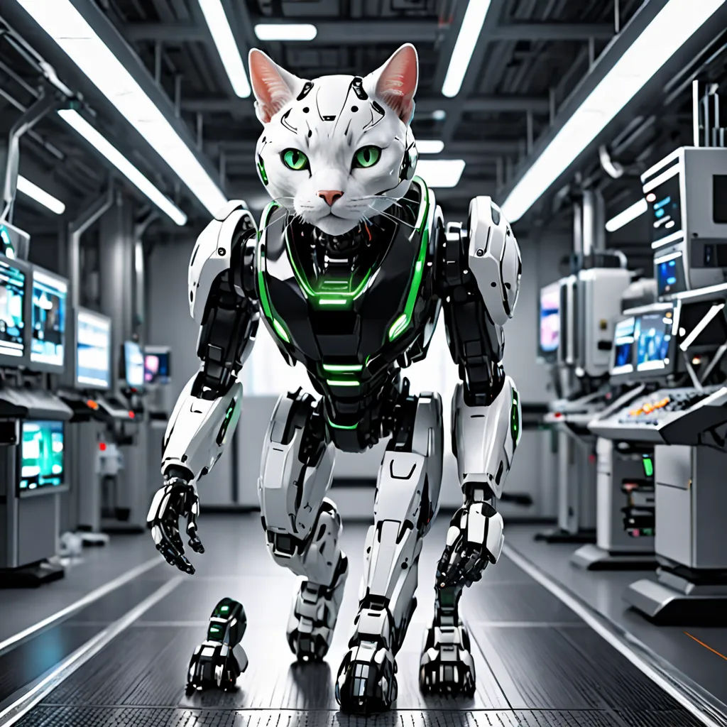 a cat robot walking through a room with lots of monitors on the walls and flooring on the walls, computer art, a computer rendering, Ai-Mitsu, unreal engine 5 quality render