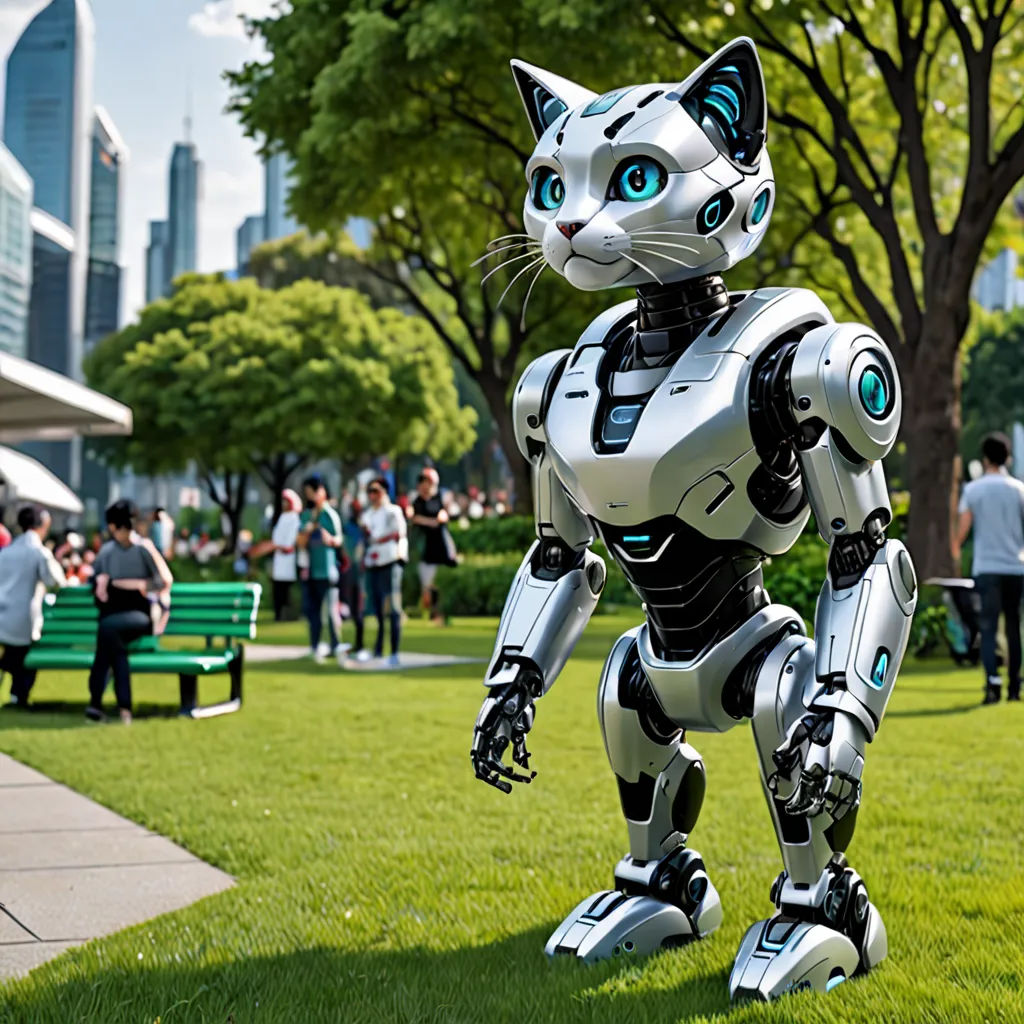 a cat robot standing in the grass in a park with people in the background and a green bench in the foreground, les automatistes, a computer rendering, Beeple, robot