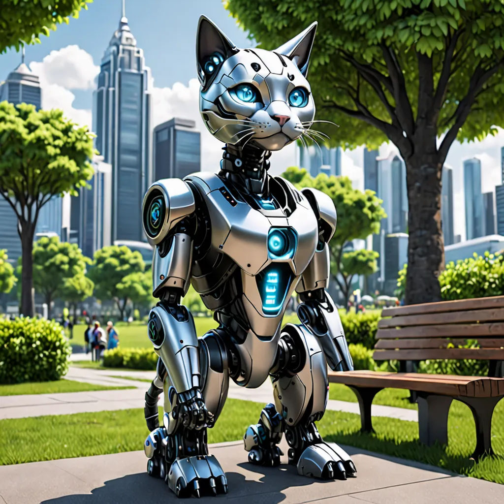 a cat robot sitting on top of a sidewalk next to a park bench in a city park area with a bench and trees, furry art, a computer rendering, Beeple, promotional image