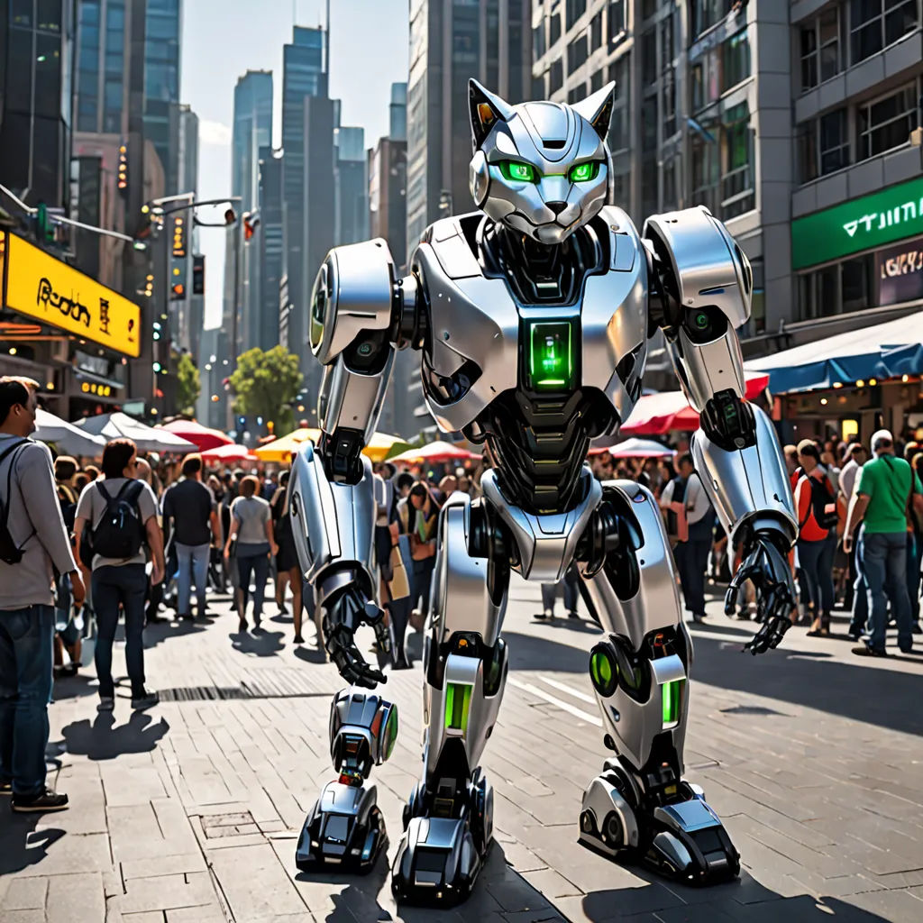 a robot cat walking down a street in a city with people walking around it and a crowd of people walking around, cubo-futurism, a digital rendering, Adam Rex, robot