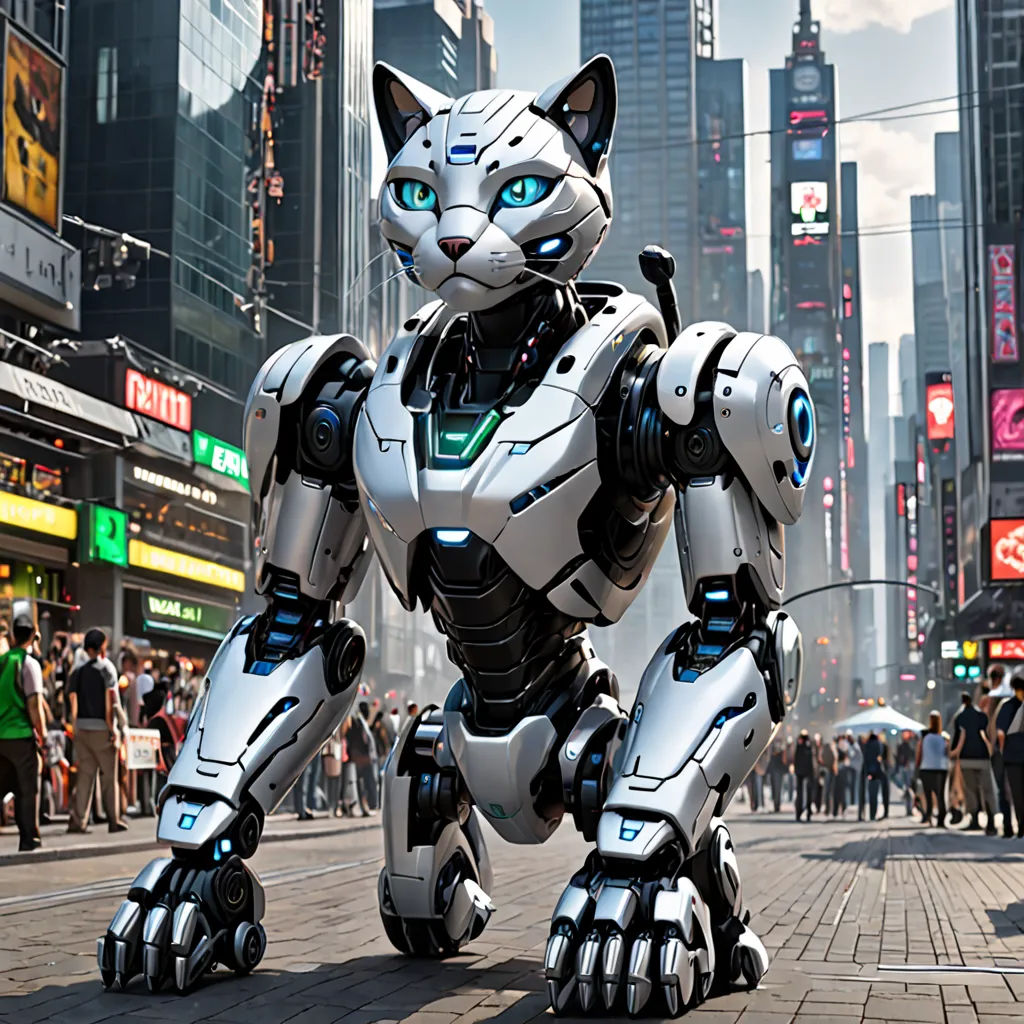 a cat robot walking down a street in a city with people walking around it and a crowd of people, furry art, a computer rendering, Beeple, promotional image
