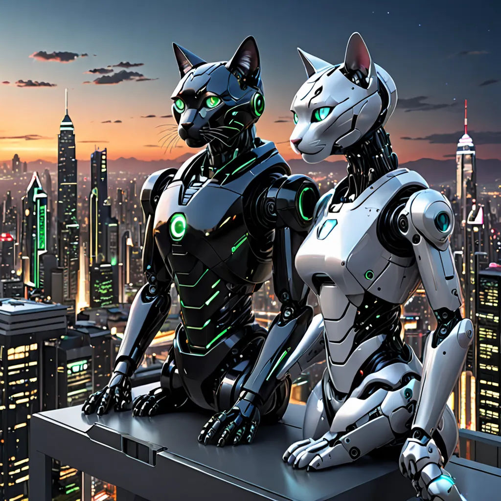 a couple of cats sitting on top of a building next to each other in front of a city skyline, retrofuturism, cyberpunk art, Beeple, solarpunk