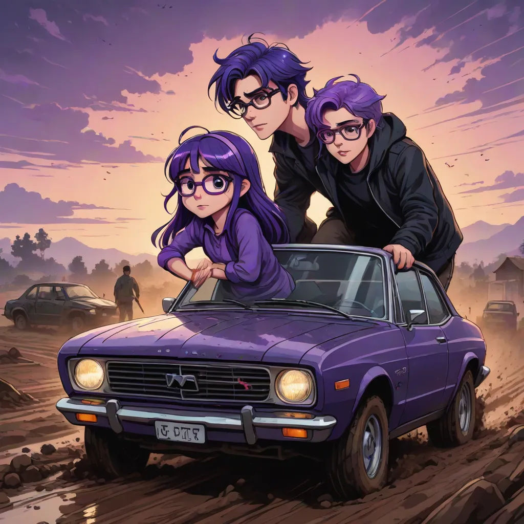 a couple of people standing on top of a purple car in the dirt with a sky background and a purple sky, an album cover, Dan Mumford, serial art, official art